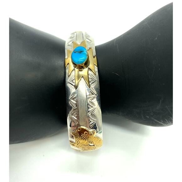 Sterling Turquoise 12k gold Buffalo Bangle Genevieve Jones Native American Made‎ - Picture 5 of 9